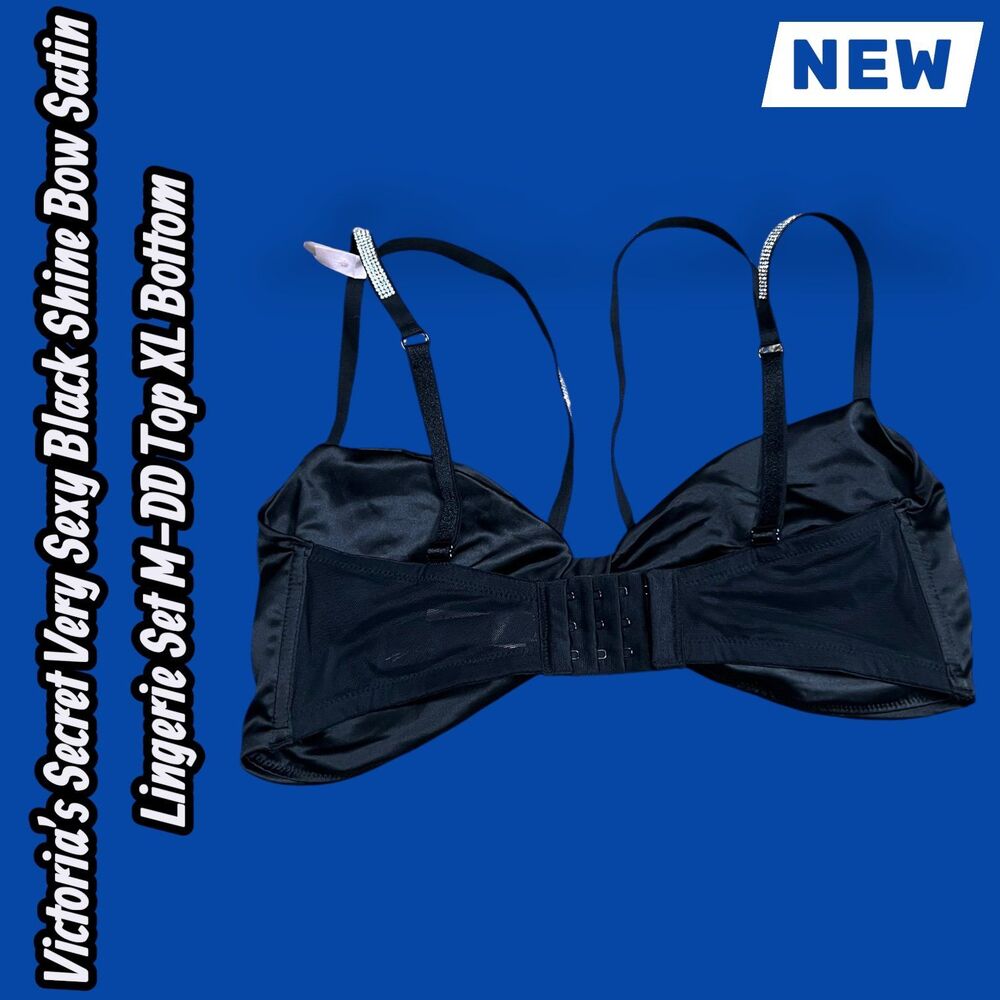 🔴NEW NWT Victoria’s Secret Very Sexy Black Shine Bow Satin Lingerie Set M-DD Top - Picture 10 of 11